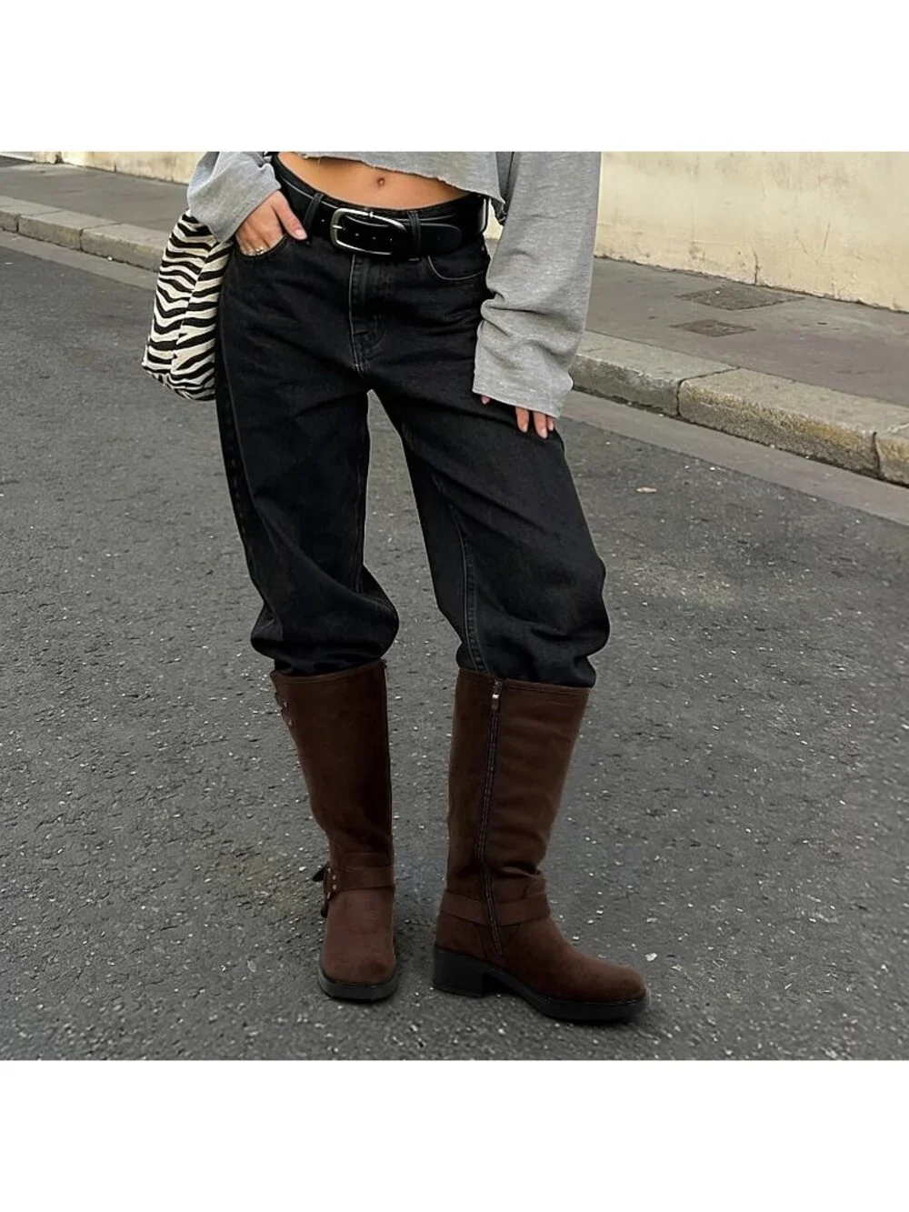 Women's Dark Brown Leather Adjustable Buckles Side Zipper Moto Knee High Boots